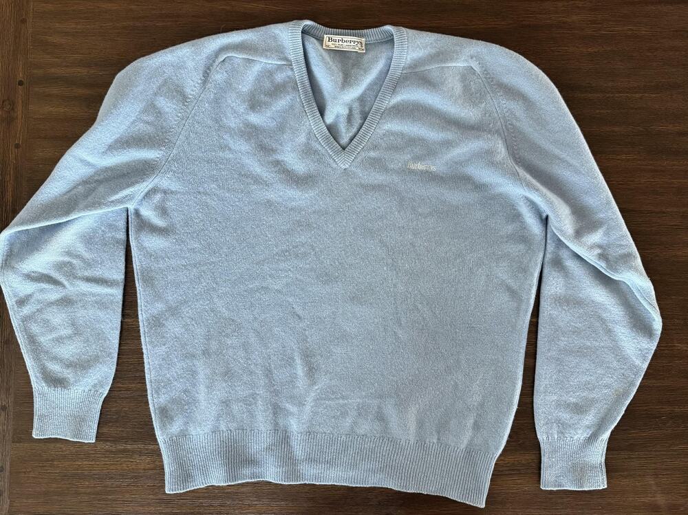 Burberry Wool Sweater Mens Large Blue Logo Knit Made In UK 90s Vintage